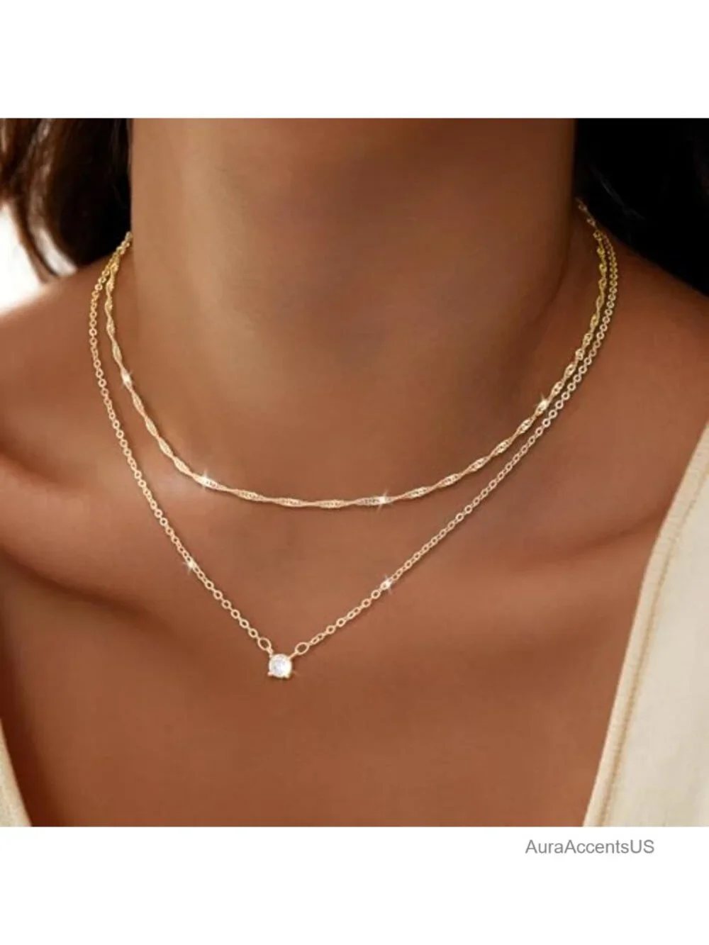 Dainty 14K Gold Plated Cubic Zirconia Layered Necklace Set for Women, Choker &